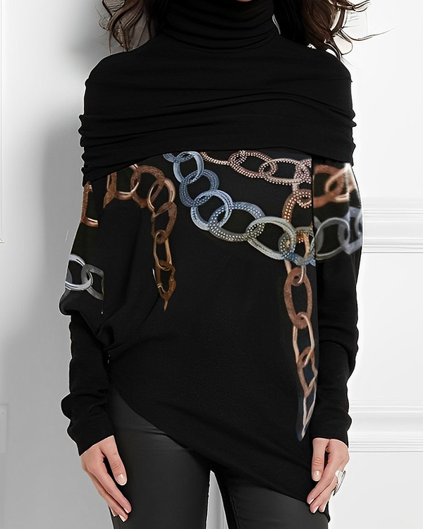 Long Sleeves Printed Split-Joint High Neck T-Shirts Tops