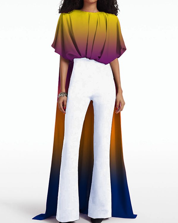 Half Sleeves High-low Contrast Color Gradient Round-neck T-Shirts Tops