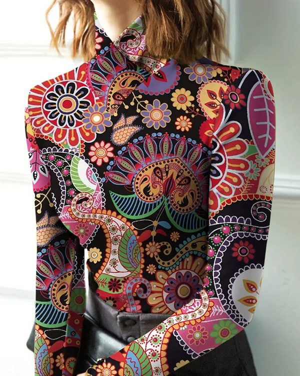 Long Sleeves Skinny Flower Print Split-Joint High Neck T-Shirts Tops