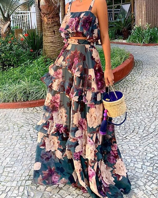 Loose Flower Print Layered Split-Joint Spaghetti-Neck Vest Top +High Waisted Skirts Bottom Two Pieces Set