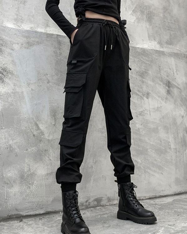 Stylish Drawstring Punk Empire Black Casual Overalls Pants