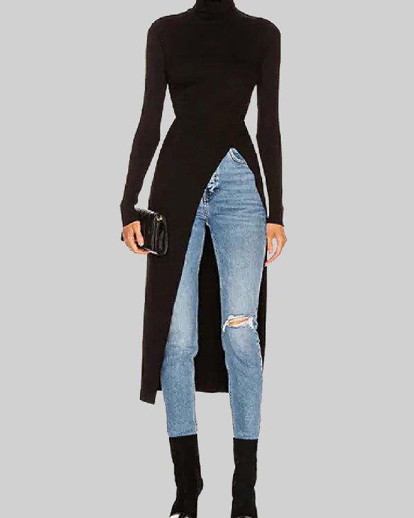 Simple Skinny Split-Side Solid Color High-Neck T-Shirts Tops