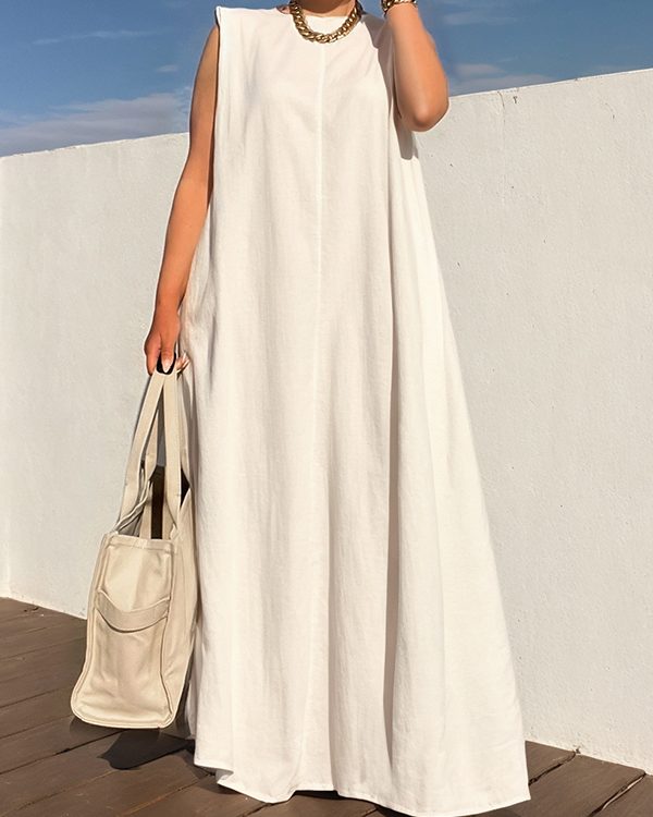 Loose Sleeveless Shoulder Pad Solid Color Round-Neck Maxi Dresses