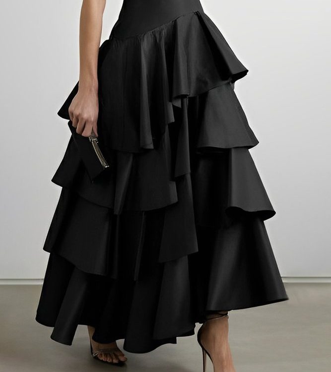 A-Line High Waisted Falbala Solid Color Long Skirts Skirts Bottoms