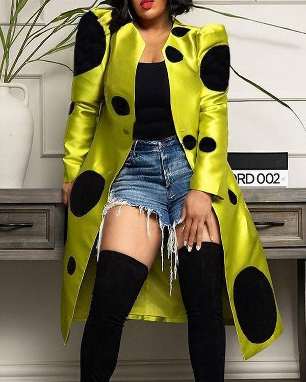 Long Sleeves Loose Pleated Polka-Dot Split-Joint Round-Neck Outerwear
