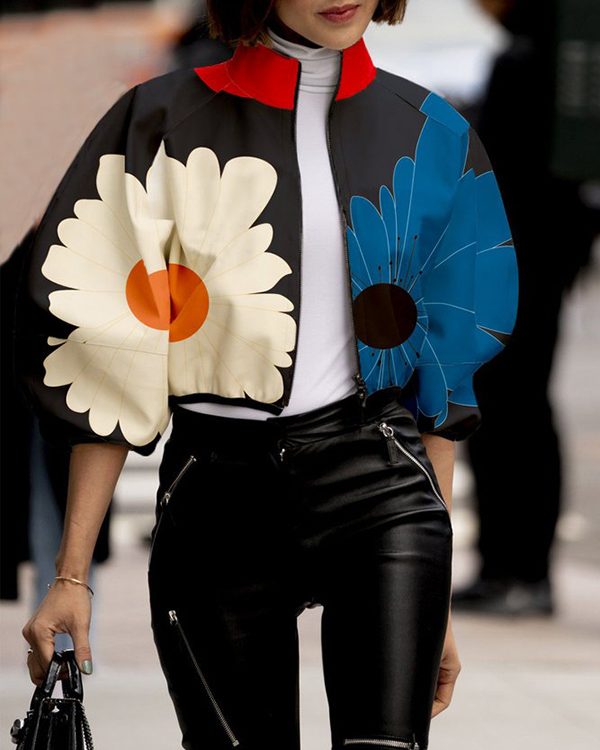 Contrast Color Floral Flower Print Zipper Stand Collar Jackets Outerwear