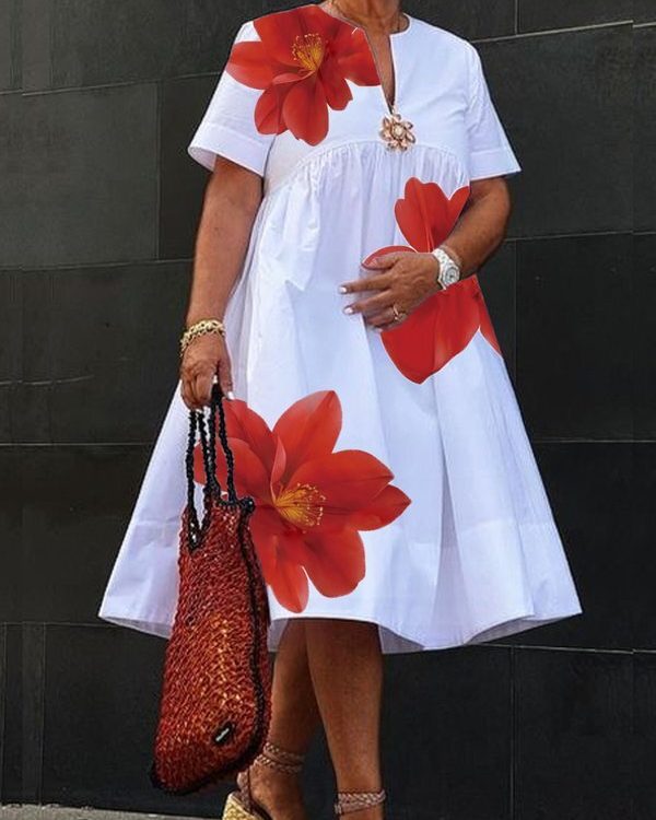 A-Line Loose Flower Print Pleated V-Neck Midi Dresses