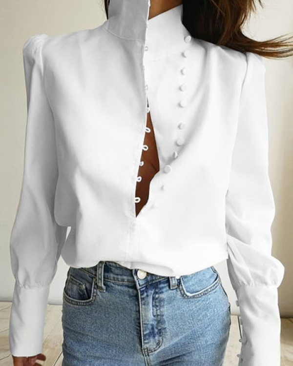 Long Sleeves Loose Solid Color Split-Joint High-Neck Blouses