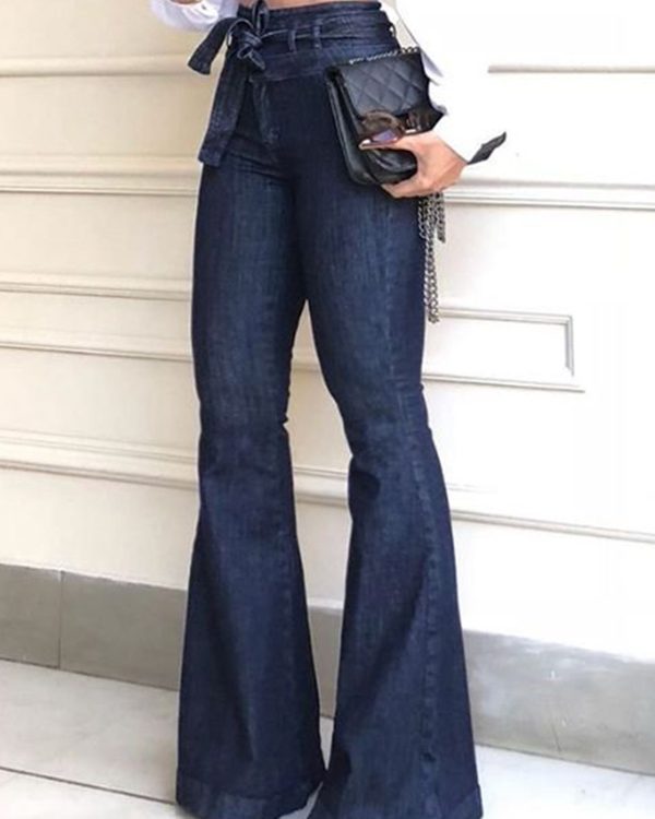 Flared Pants High Waisted Solid Color Tied Waist Jean Pants Bottoms