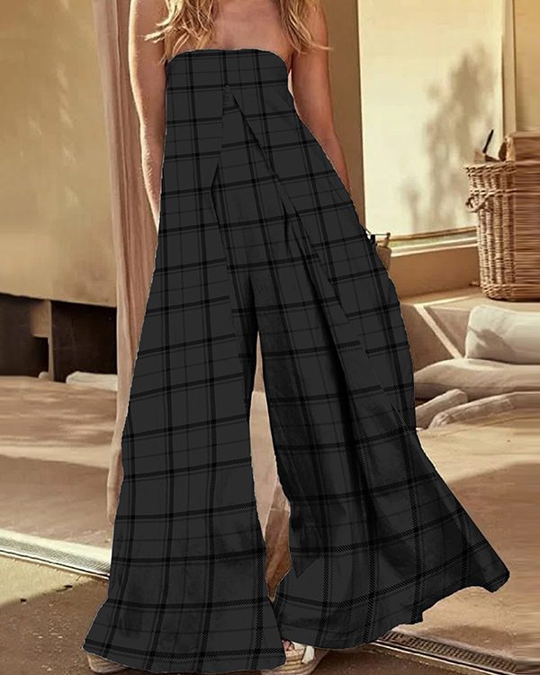 Loose Sleeveless Elasticity Plaid Split-Joint Tube Jumpsuits