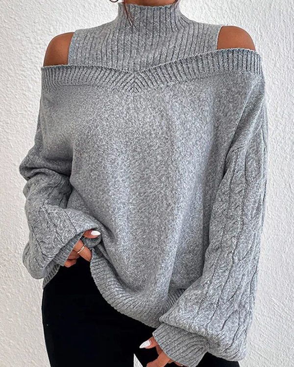 Long Sleeves Loose Hollow Solid Color Split-Joint Cold Shoulder Pullovers Sweater Tops