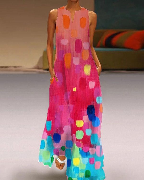 Loose Sleeveless Contrast Color Printed V-Neck Maxi Dresses