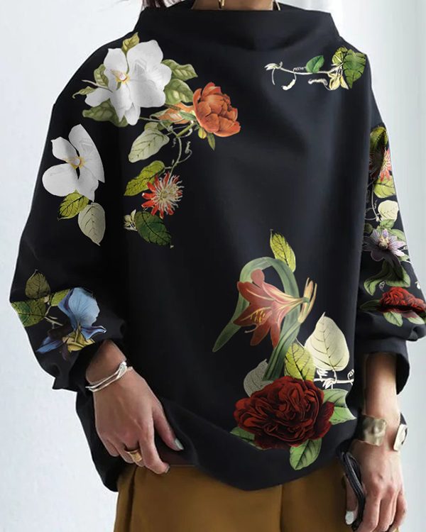 Long Sleeves Loose Asymmetric Floral Printed Split-Joint High Neck T-Shirts Tops