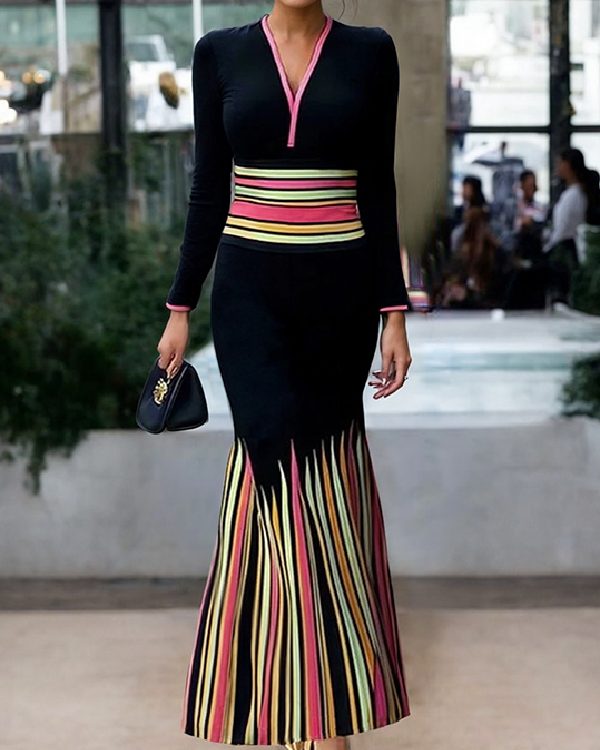 Long Sleeves Skinny Colorful Contrast Color Striped V-Neck Maxi Dresses