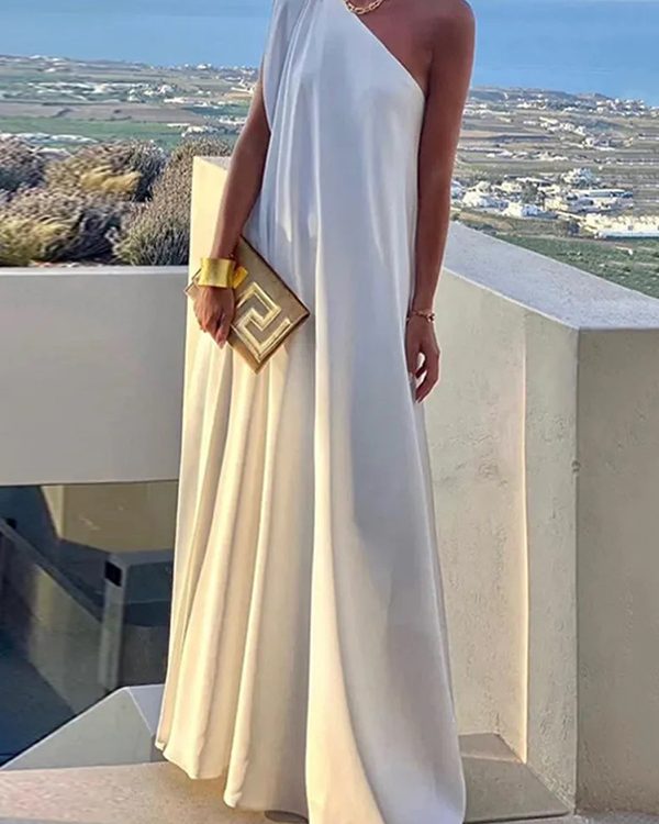Loose Asymmetric Solid Color Split-Joint One-Shoulder Maxi Dresses