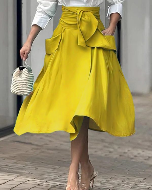 A-Line Loose Pockets Solid Color Split-Joint Tied Waist Skirts Bottoms