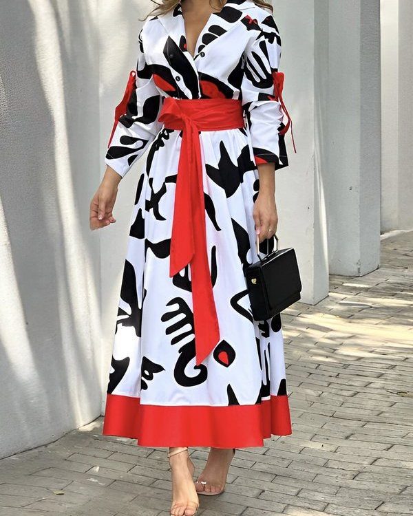 A-Line Long Sleeves Buttoned Contrast Color Tied Waist Notched Collar Maxi Dresses Shirt Dress