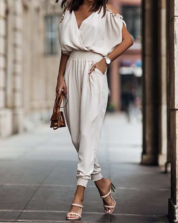 Batwing Sleeves Loose Elasticity Hollow Pleated Pockets Solid Color Tied V-Neck Jumpsuits
