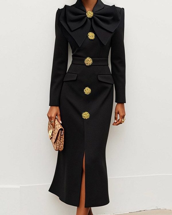 Long Sleeves Skinny Buttoned Solid Color Split-Front Stand Collar Midi Dresses Shirt Dress