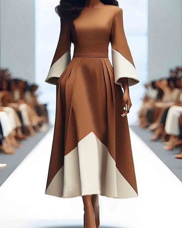 A-Line Long Sleeves Contrast Color Pleated Pockets Split-Joint High Neck Midi Dresses