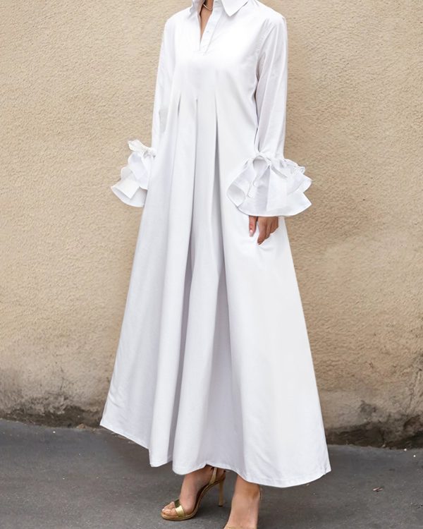 Flared Sleeves Pleated Solid Color Split-Joint Lapel Maxi Dresses Shirt Dress