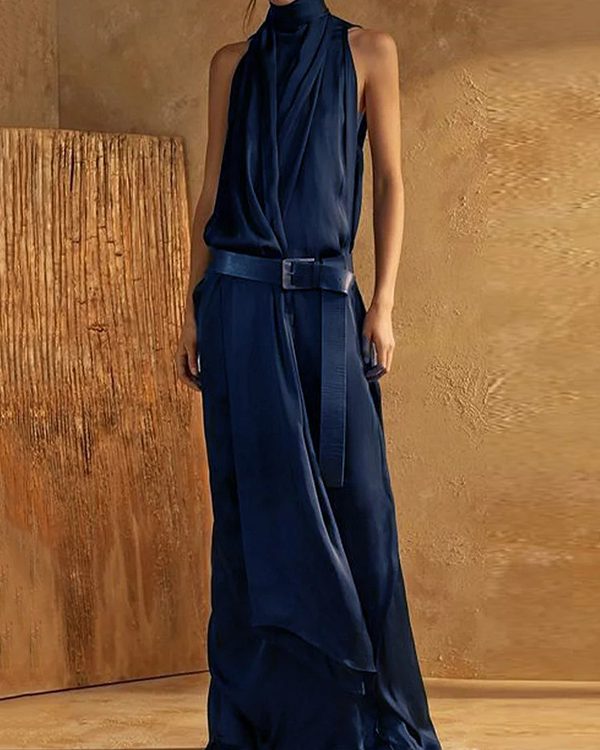 Loose Sleeveless Solid Color Split-Joint High Neck Maxi Dresses