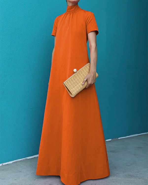 Loose Short Sleeves Solid Color High-Neck Maxi Dresses