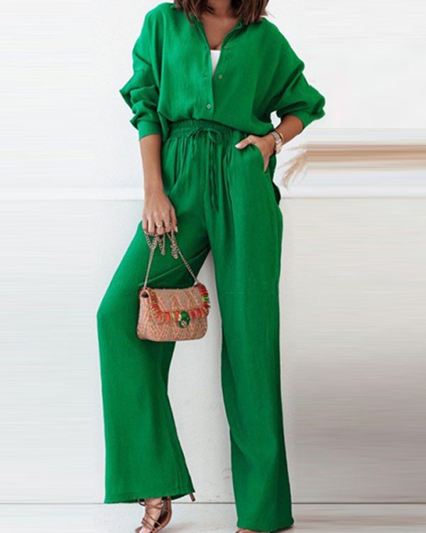 Solid Color High-Low Long Sleeves Lapel Blouses + Drawstring Pants Two Pieces Set
