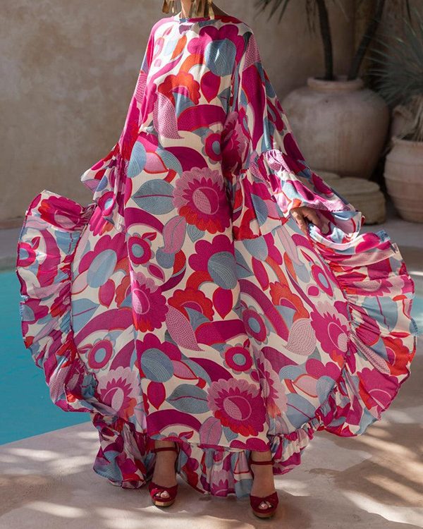 Batwing Sleeves Loose Flower Print Pleated Split-Joint Round-Neck Maxi Dresses