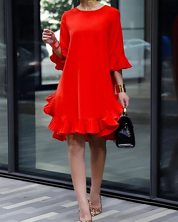 Half Sleeves Loose Falbala Solid Color Round-Neck Midi Dresses