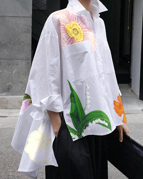 High-Low Loose Asymmetric Floral Printed Split-Joint Split-Side Lapel Blouses