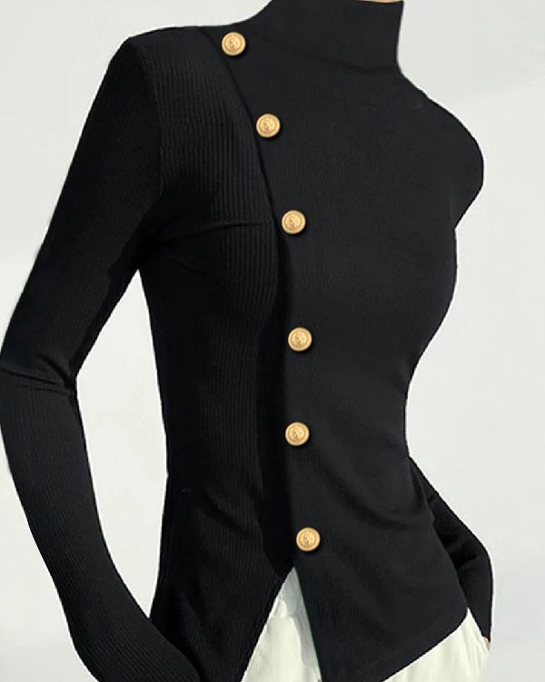 Long Sleeves Skinny Buttoned Solid Color High Neck T-Shirts Tops
