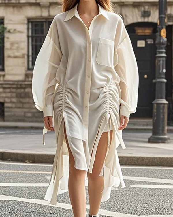 Long Sleeves Loose Buttoned Drawstring Pleated Pockets Solid Color Lapel Midi Dresses Shirt Dress
