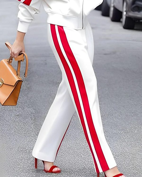 Loose Straight Leg Contrast Color Split-Joint Striped Pants Trousers