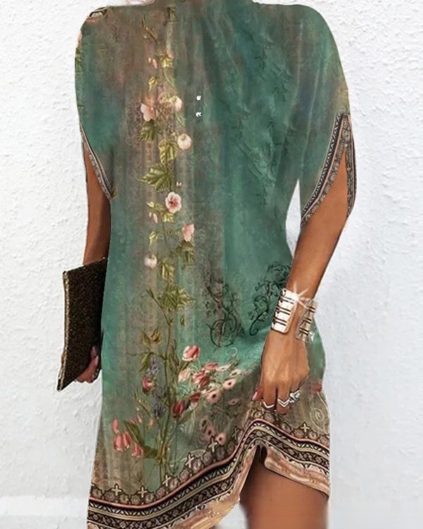 Batwing Sleeves Loose Flower Print Round-Neck Mini Dresses