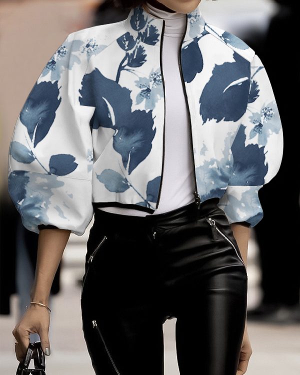 Loose Puff Sleeves Floral Printed Stand Collar Jackets Outerwear
