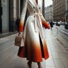 A-Line Long Sleeves Buttoned Gradient Split-Joint Tied Waist Notched Collar Woolen Coat