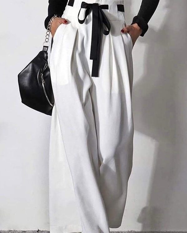 High Waisted Loose Drawstring Pleated Pants Trousers