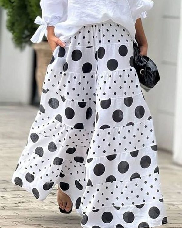 High Waisted Loose Contrast Color Elasticity Pockets Polka-Dot Split-Joint Pants Trousers
