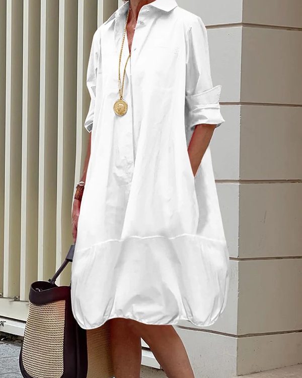 Long Sleeves Loose Solid Color Lapel Collar Midi Dresses Shirt Dress