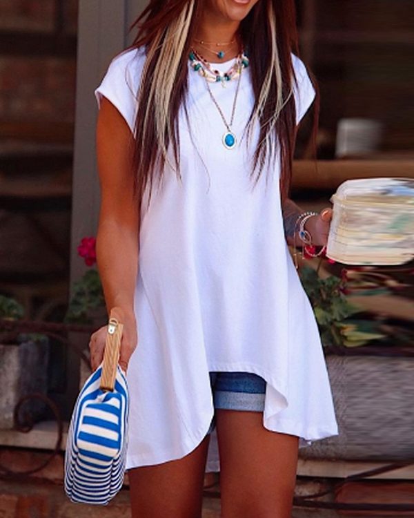 High-Low Loose Solid Color Round-Neck T-Shirts Tops