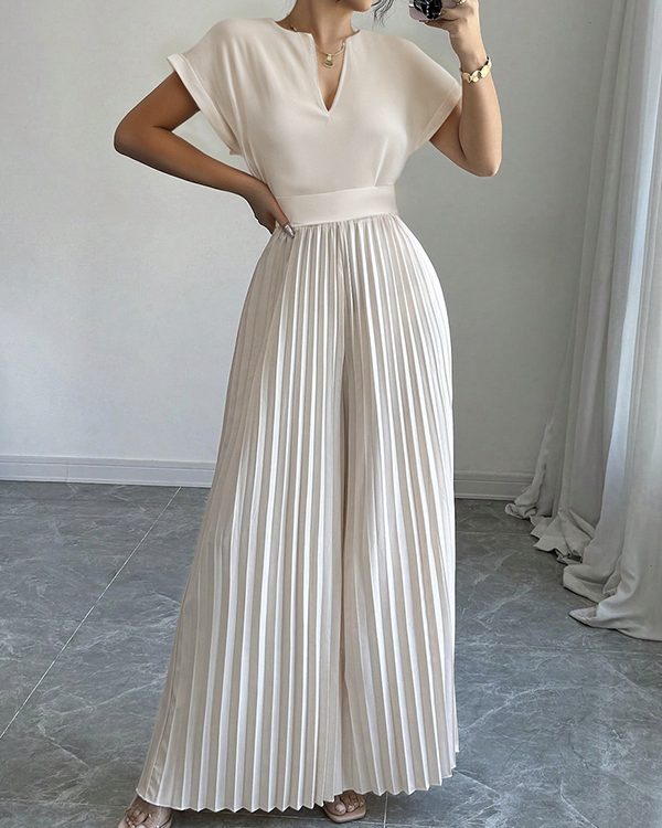 Loose Short Sleeves Pleated Solid Color Split-Joint V-Neck Jumpsuits