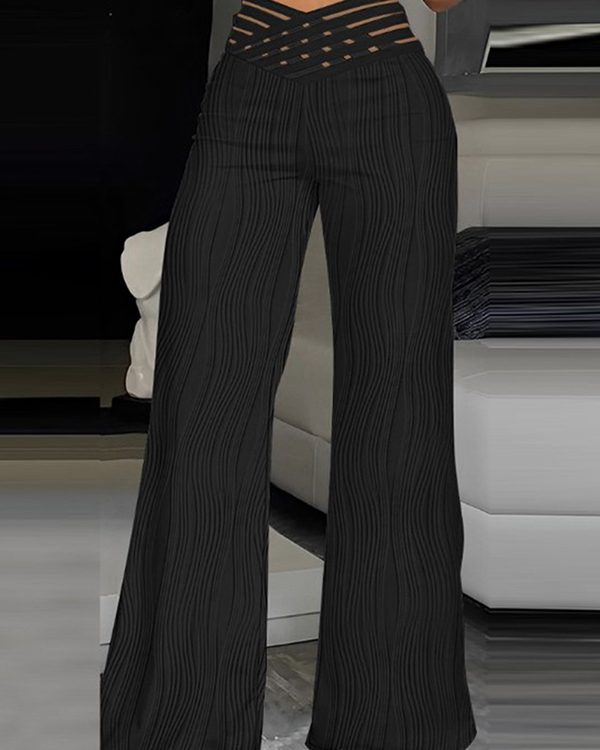 Loose Wide Leg Elasticity Hollow Pleated Solid Color Pants Trousers