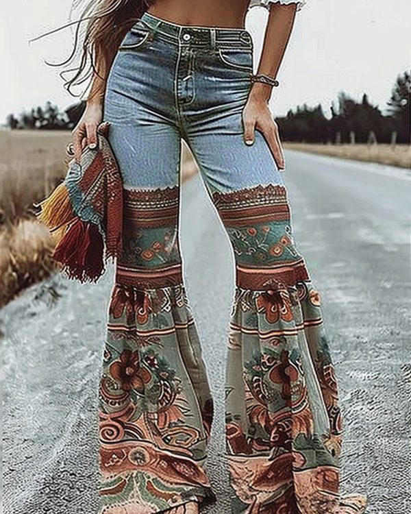 Flared Pants Floral Printed High-Waisted Pockets Jean Pants Bottoms