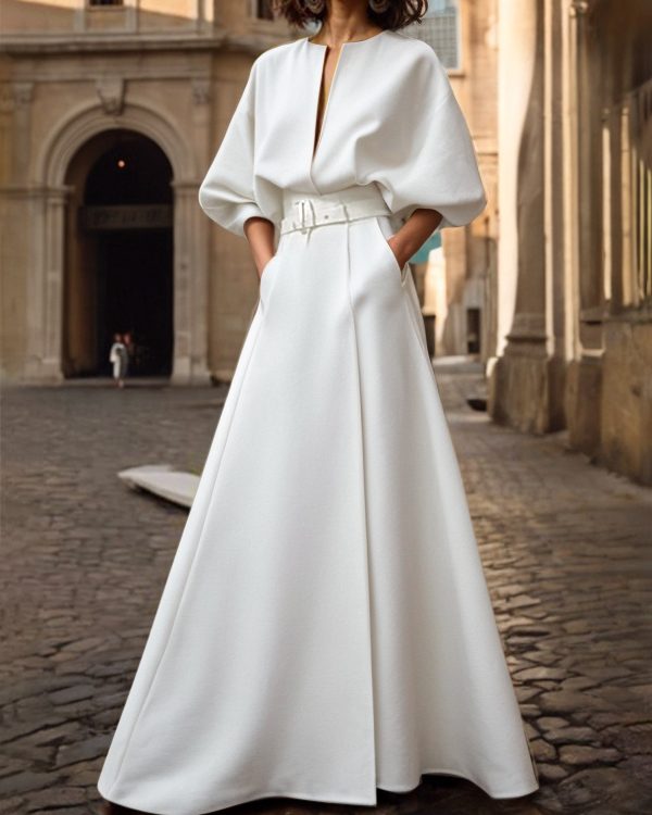 Half Sleeves Loose Belted Solid Color Deep V-Neck Maxi Dresses