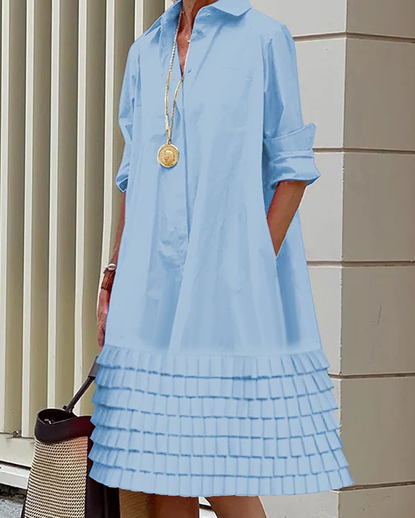 A-Line Long Sleeves Layered Pleated Pockets Solid Color Split-Joint Lapel Midi Dresses Shirt Dress