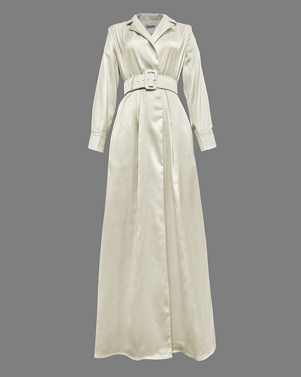 Long Sleeves Loose No Belt Solid Color Notched Collar Maxi Dresses