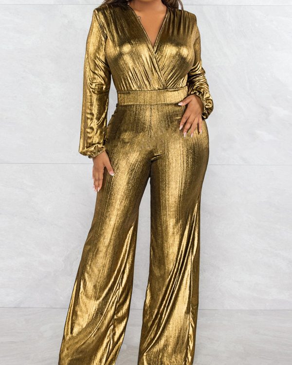 Bodycon High Waisted Elasticity Shiny Solid Color V-Neck Jumpsuits