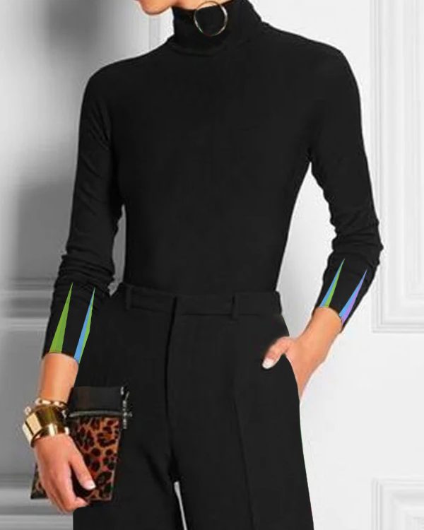 Long Sleeves Skinny Printed Split-Joint High Neck T-Shirts Tops