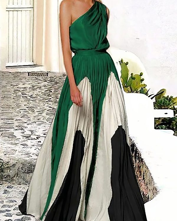 Sleeveless Asymmetric Pleated Printed One-Shoulder Maxi Dresses